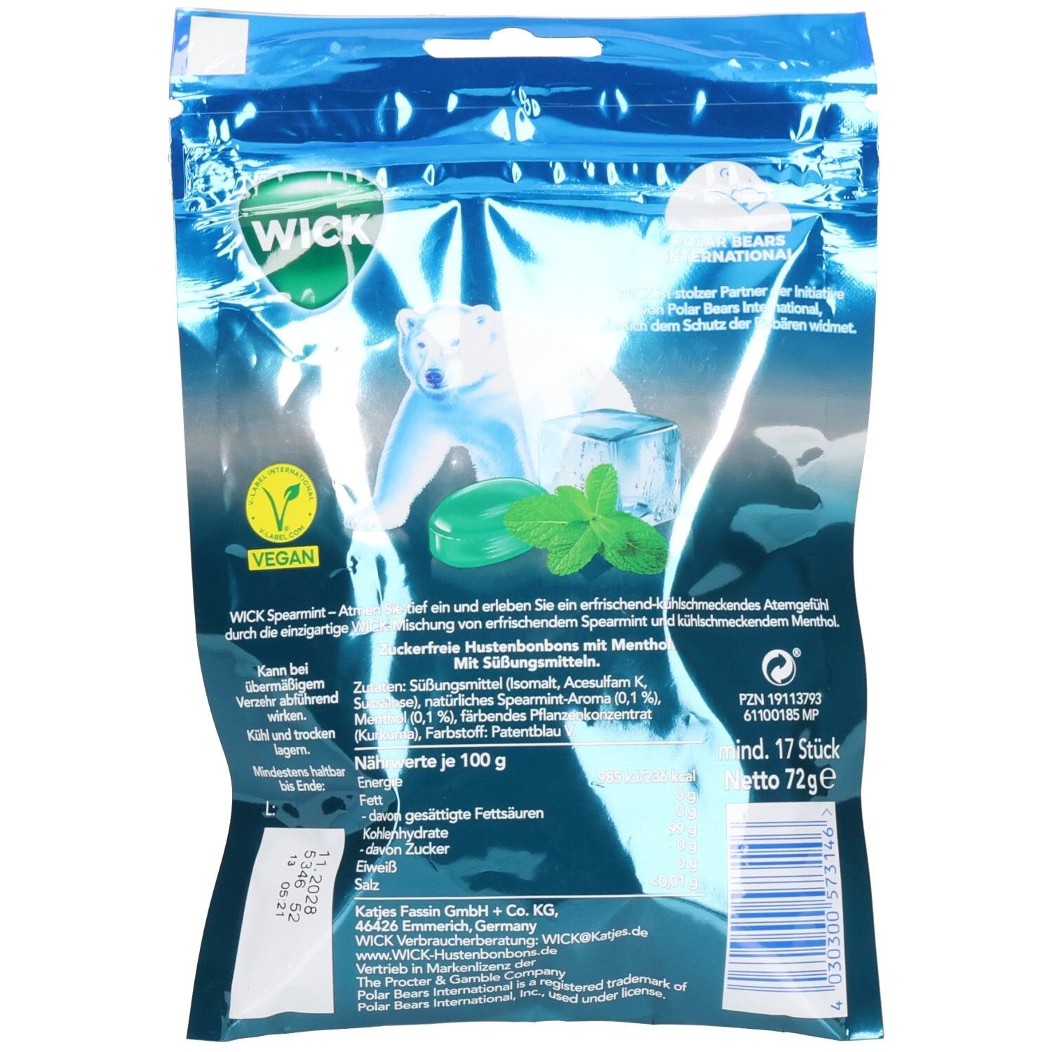 Rückseite der WICK Spearmint Bonbons o.Zucker Verpackung. Enthält Text, Zutatenliste, Nährwertangaben, Vegan-Logo und Barcode.