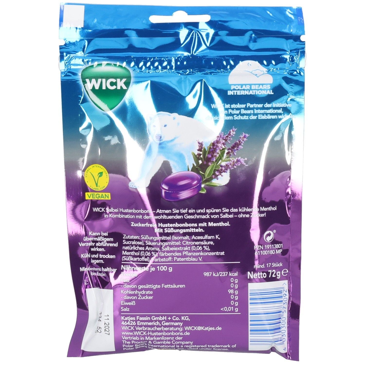 Rückseite der Salbei-Bonbons o.Zucker-Verpackung. WICK-Logo, Eisbär, Lavendel, Bonbon. Text: Vegan, Inhaltsstoffe, Nährwertangaben, Herstellerinformationen, 72g.