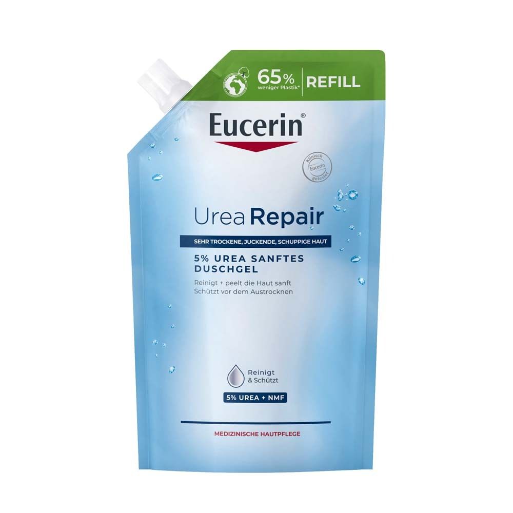 Nachfüllbeutel Eucerin UreaRepair Duschgel. Grün-weiß, mit Aufdrucken und Ausgießer.
