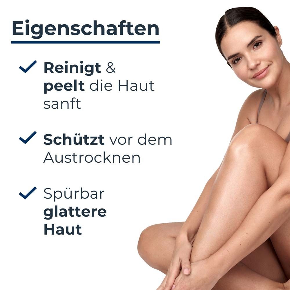 Eigenschaften des Eucerin UreaRepair Duschgels. Text mit drei Stichpunkten und Frau.