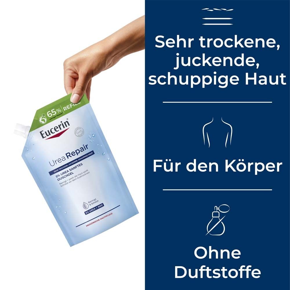 Eucerin UreaRepair Duschgel Nachfüllbeutel in Hand. Text: Sehr trockene, juckende, schuppige Haut.