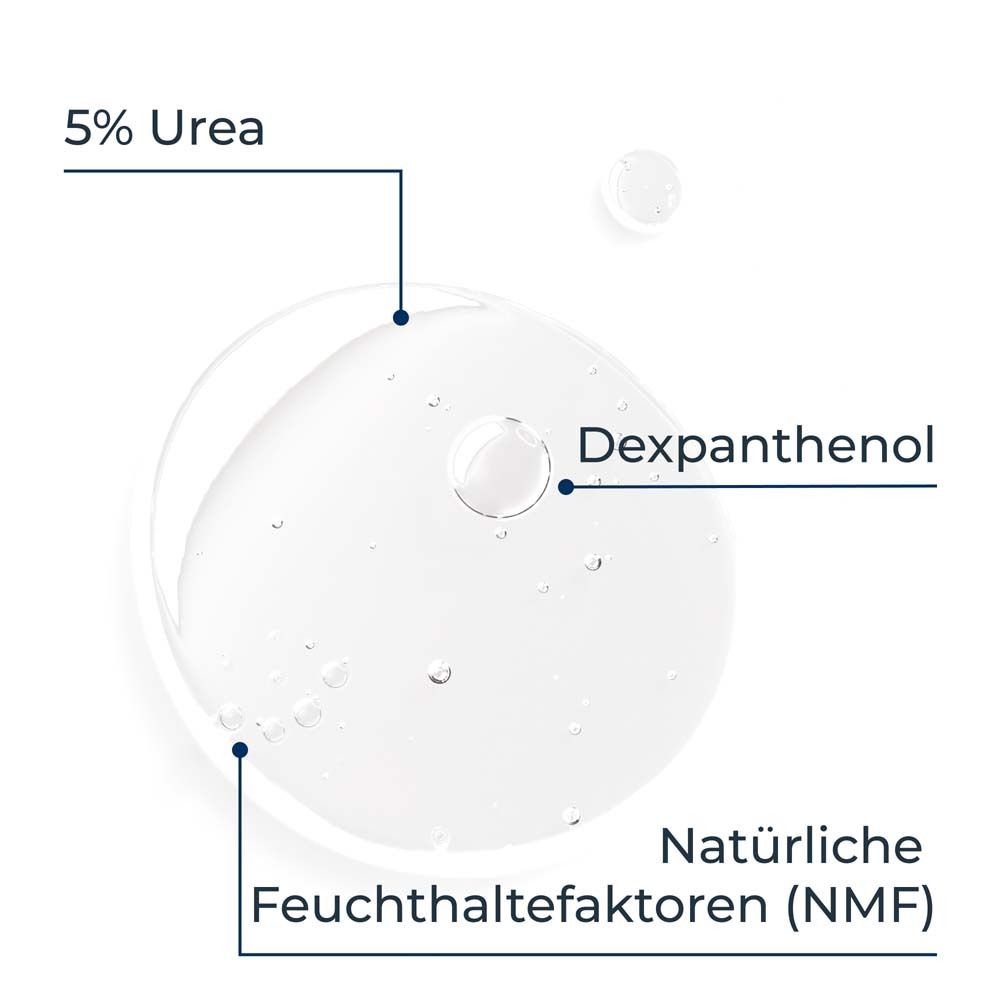 Nahaufnahme von Flüssigkeit mit 5% Urea, Dexpanthenol und natürlichen Feuchthaltefaktoren.