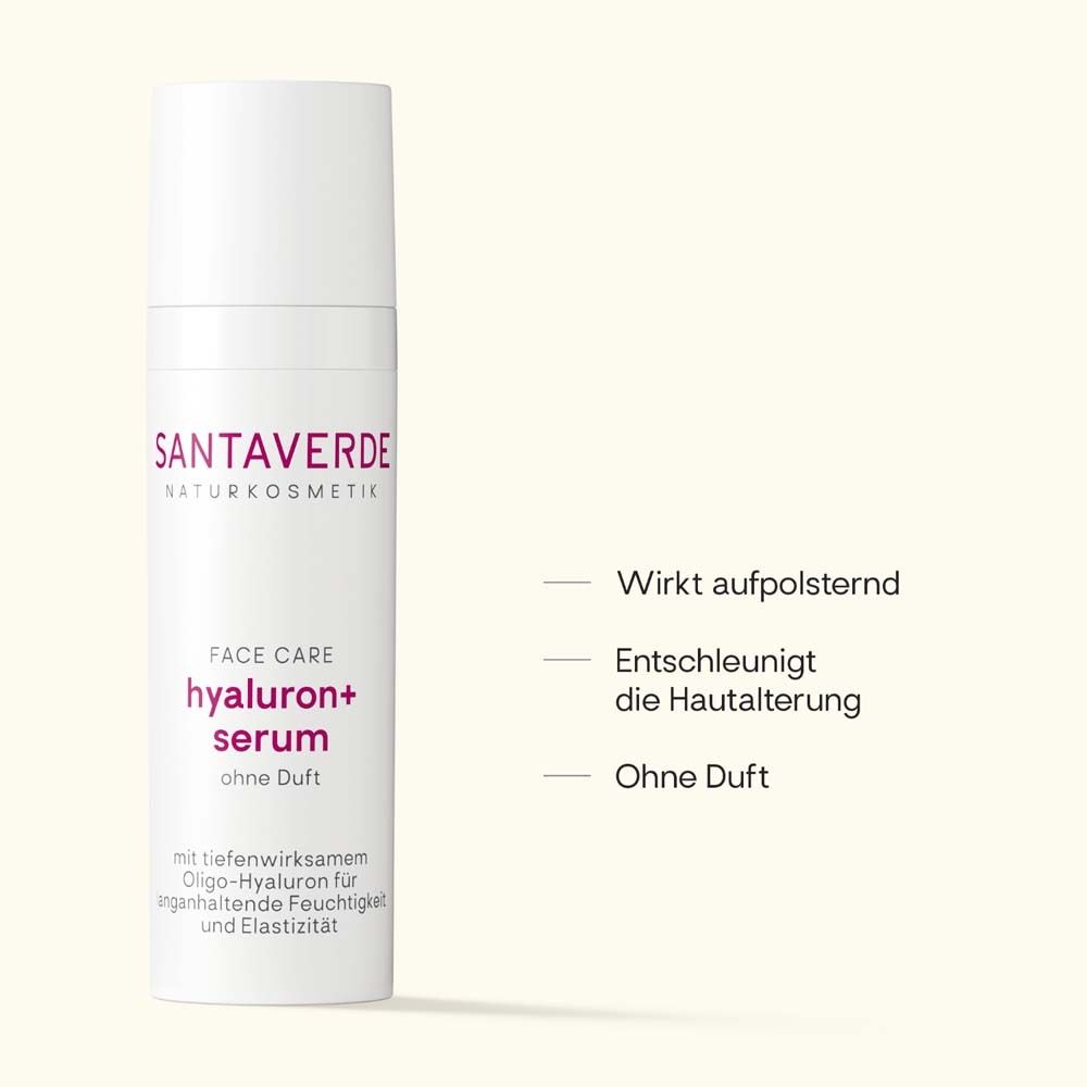 Weißes Serum SANTAVERDE FACE CARE hyaluron+serum. Text: Wirkt aufpolsternd, verlangsamt Hautalterung, ohne Duft.