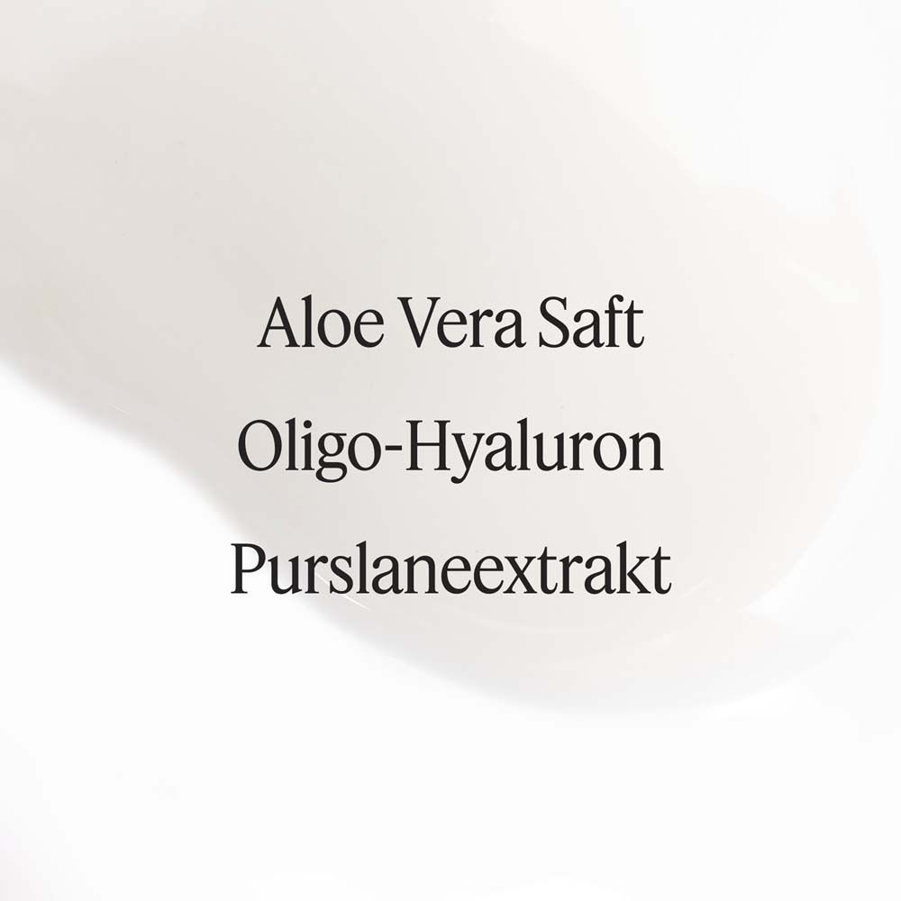 Text: Aloe Vera Saft, Oligo-Hyaluron, Purslaneextrakt. Hintergrund: weiß.