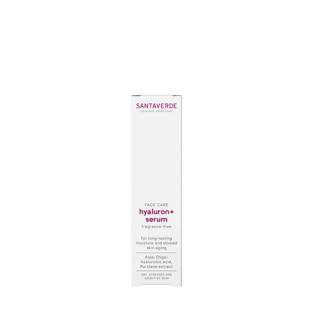 Weiße Verpackung SANTAVERDE FACE CARE hyaluron+serum. Text: fragrance-free, für langanhaltende Feuchtigkeit und verlangsamte Hautalterung.