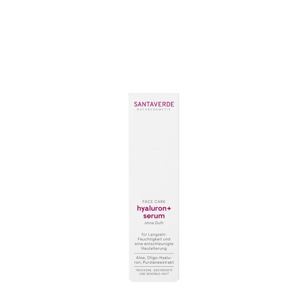 Weiße Verpackung SANTAVERDE FACE CARE hyaluron+serum. Text: fragrance-free, für langanhaltende Feuchtigkeit und verlangsamte Hautalterung.