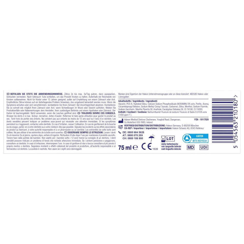 Sensodyne MultiCare Zahnpasta Tube und Faltschachtel, Kariesschutz & Frische.