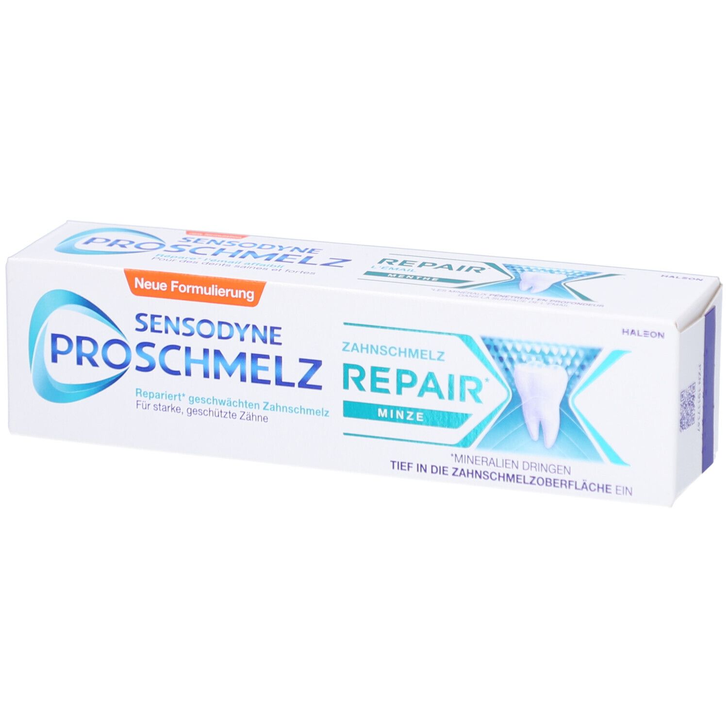 Zahnpasta-Verpackung. Sensodyne ProSchmelz Repair, Minze. Weiße Schachtel mit blauen und orangenen Akzenten. Text.