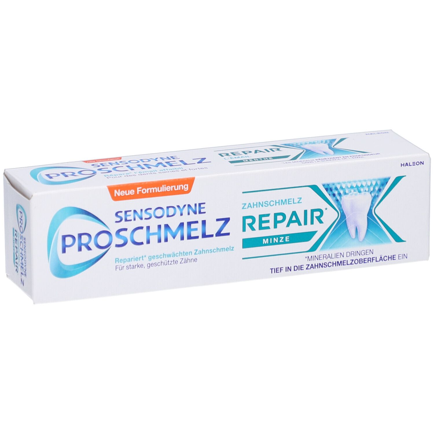 Zahnpasta-Verpackung. Sensodyne ProSchmelz Repair, Minze. Weiße Schachtel mit blauen und orangenen Akzenten. Text.