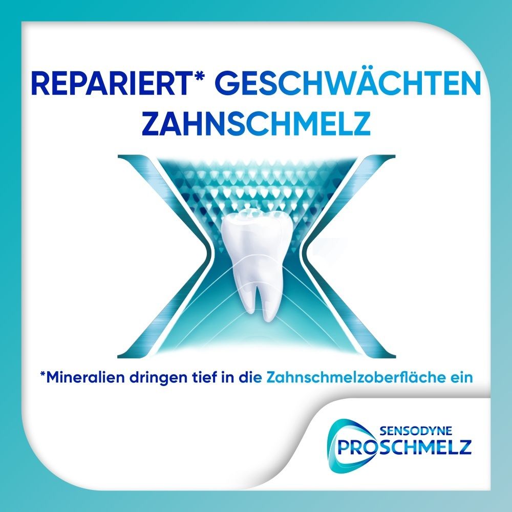 Repariert geschwächten Zahnschmelz. Mineralien dringen tief ein. Sensodyne ProSchmelz.