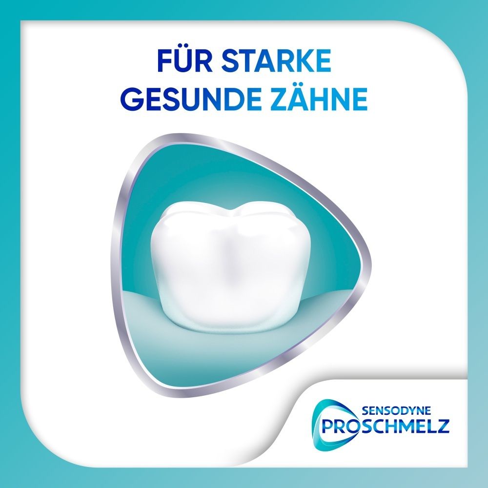 Eine Illustration eines gesunden Zahns mit dem Text "FÜR STARKE GESUNDE ZÄHNE" und dem Sensodyne ProSchmelz Logo.