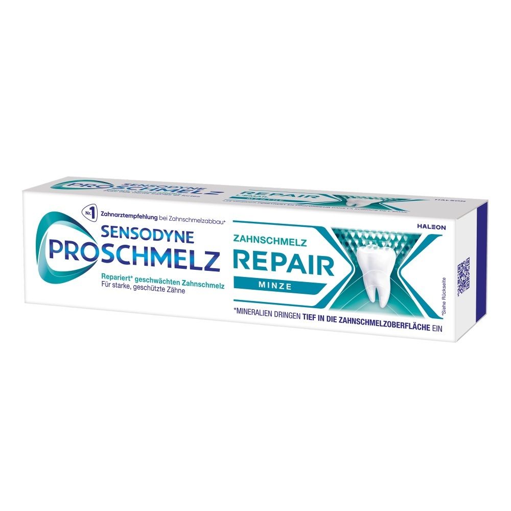 Sensodyne ProSchmelz Repair Minze Zahnpasta-Karton mit Zahnabbildung und blauen Designelementen.