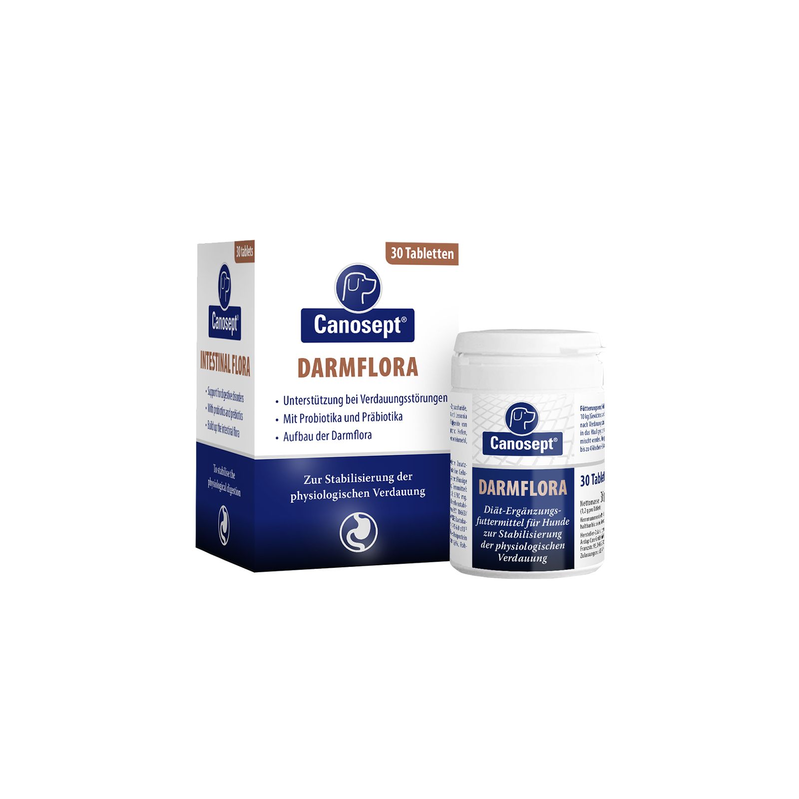 Canosept Darmflora Tabletten. Weiße Tabletten in einer weißen Dose und Schachtel. 30 Tabletten.