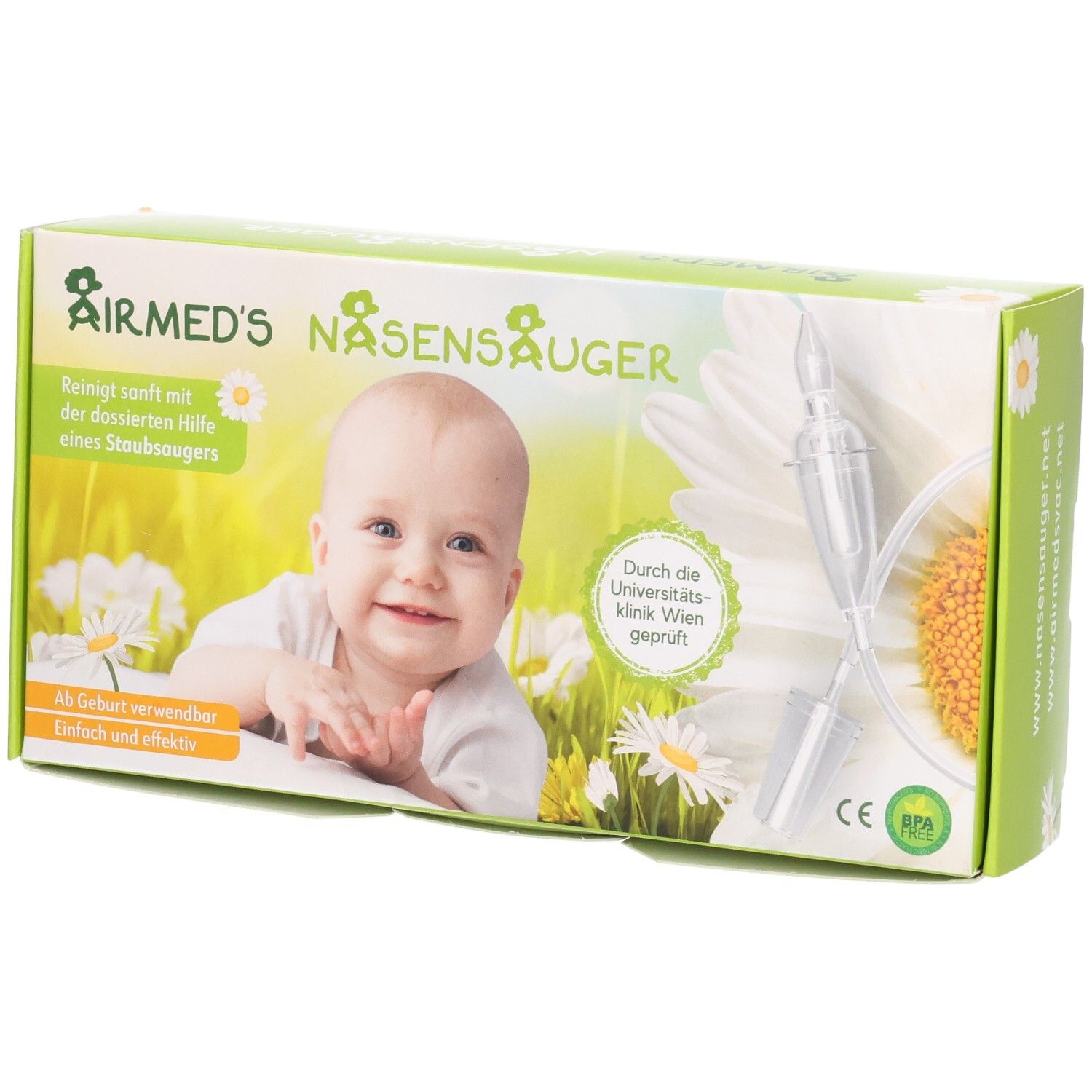 Verpackung Airmed's Nasensauger mit Babybild und Saugrohr. Mit CE und BPA Siegel.