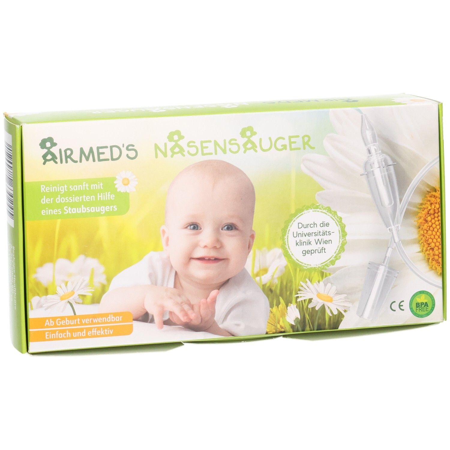 Verpackung Airmed's Nasensauger mit Babybild und Saugrohr. Mit CE und BPA Siegel.