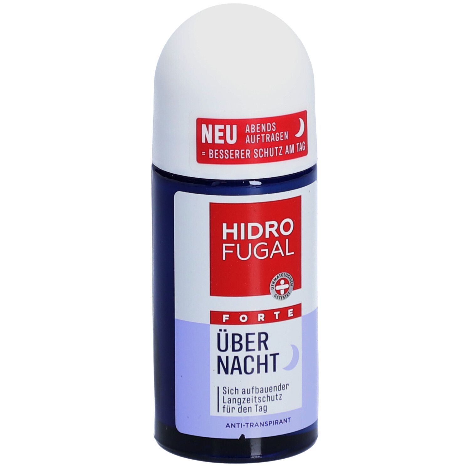 Blau-weiße Roll-on-Flasche. Rotes Etikett mit "HIDRO FUGAL FORTE ÜBER NACHT". "NEU"-Hinweis. Anti-Transpirant.