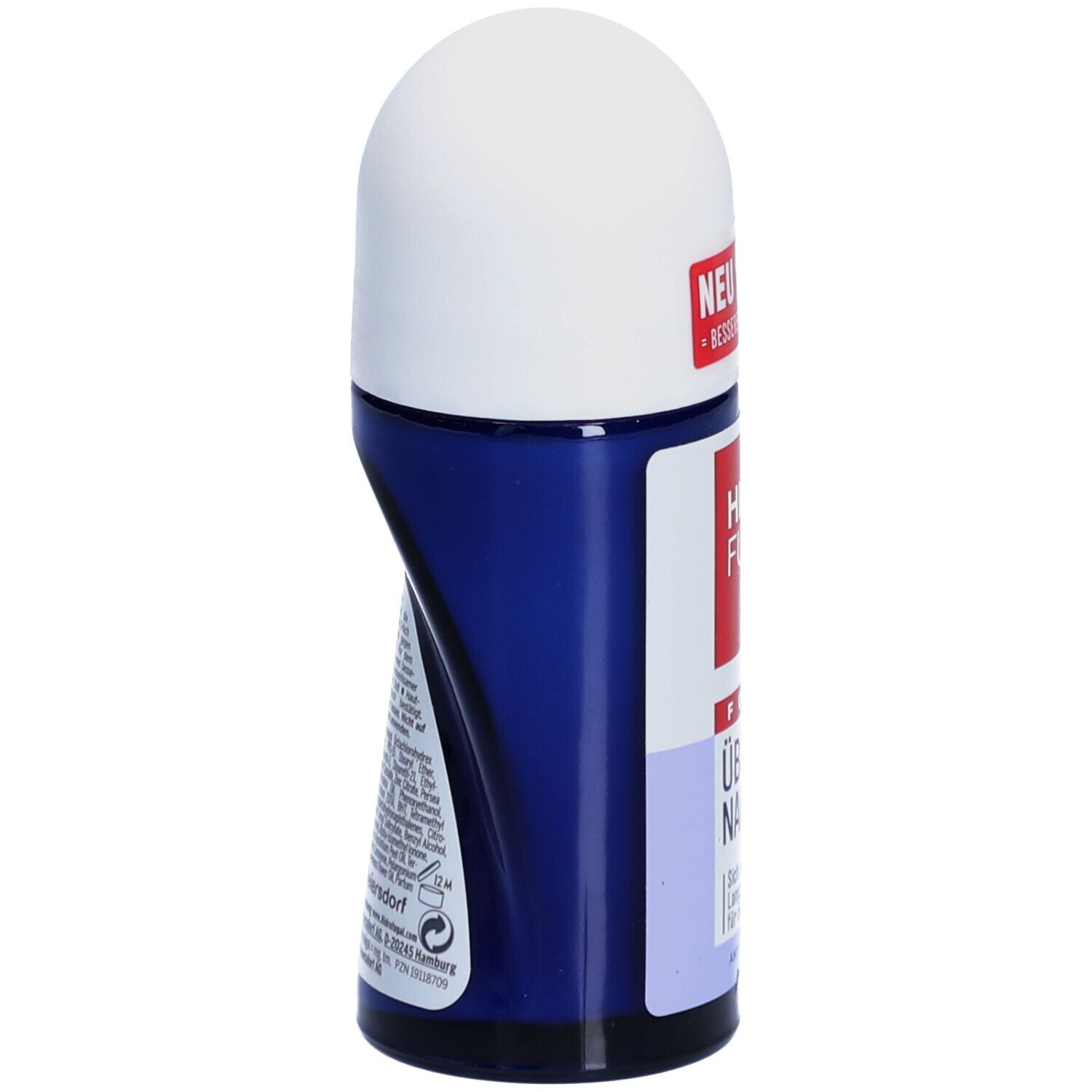 Roll-on-Flasche, blau und weiß. Rotes Etikett mit "HIDRO FUGAL FORTE ÜBER NACHT". Text und Logo. Seitenansicht.