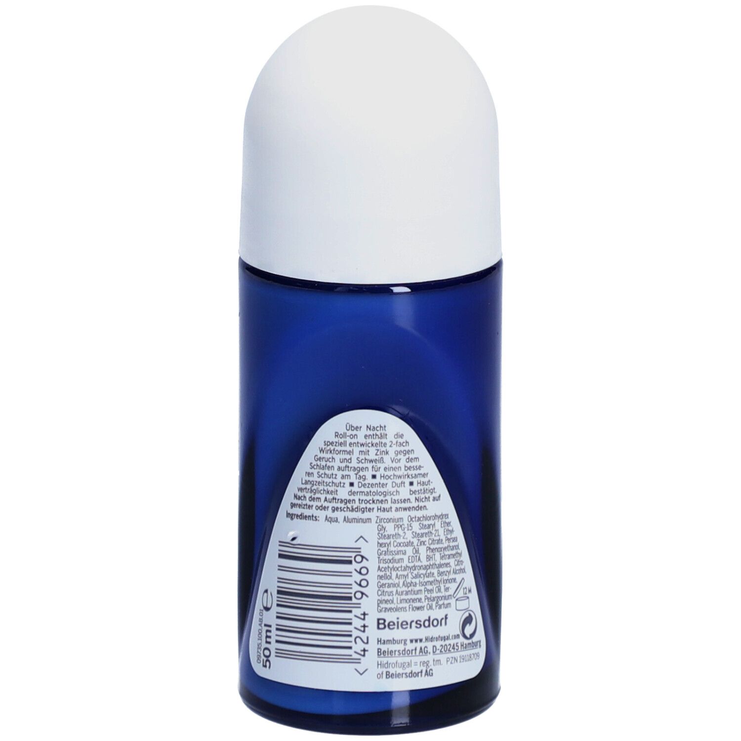 Blaue Roll-on-Flasche mit weißem Deckel. Rückseite mit Text und Barcode. 50 ml.