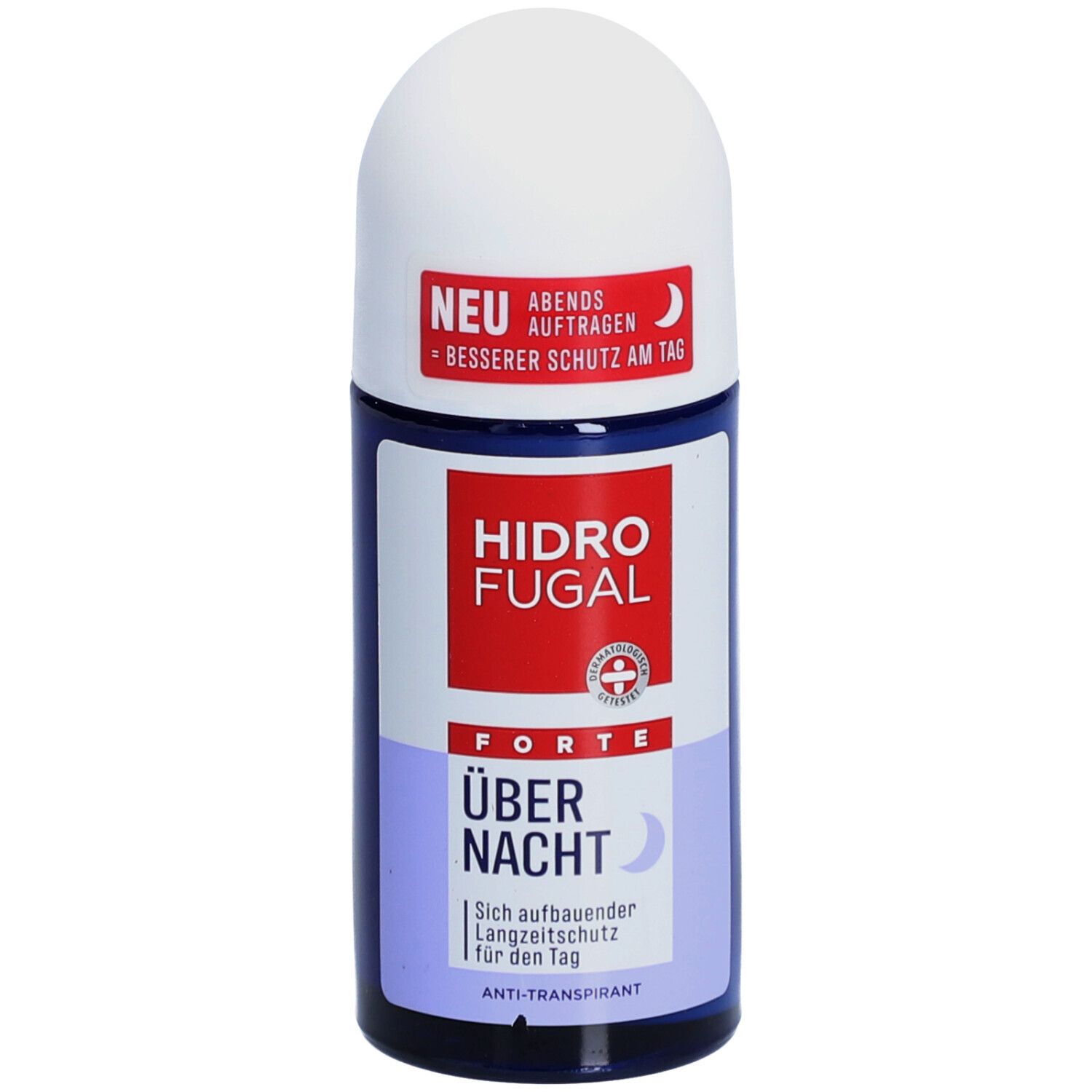Blau-weiße Roll-on-Flasche. Rotes Etikett mit "HIDRO FUGAL FORTE ÜBER NACHT". "NEU"-Hinweis. Anti-Transpirant.