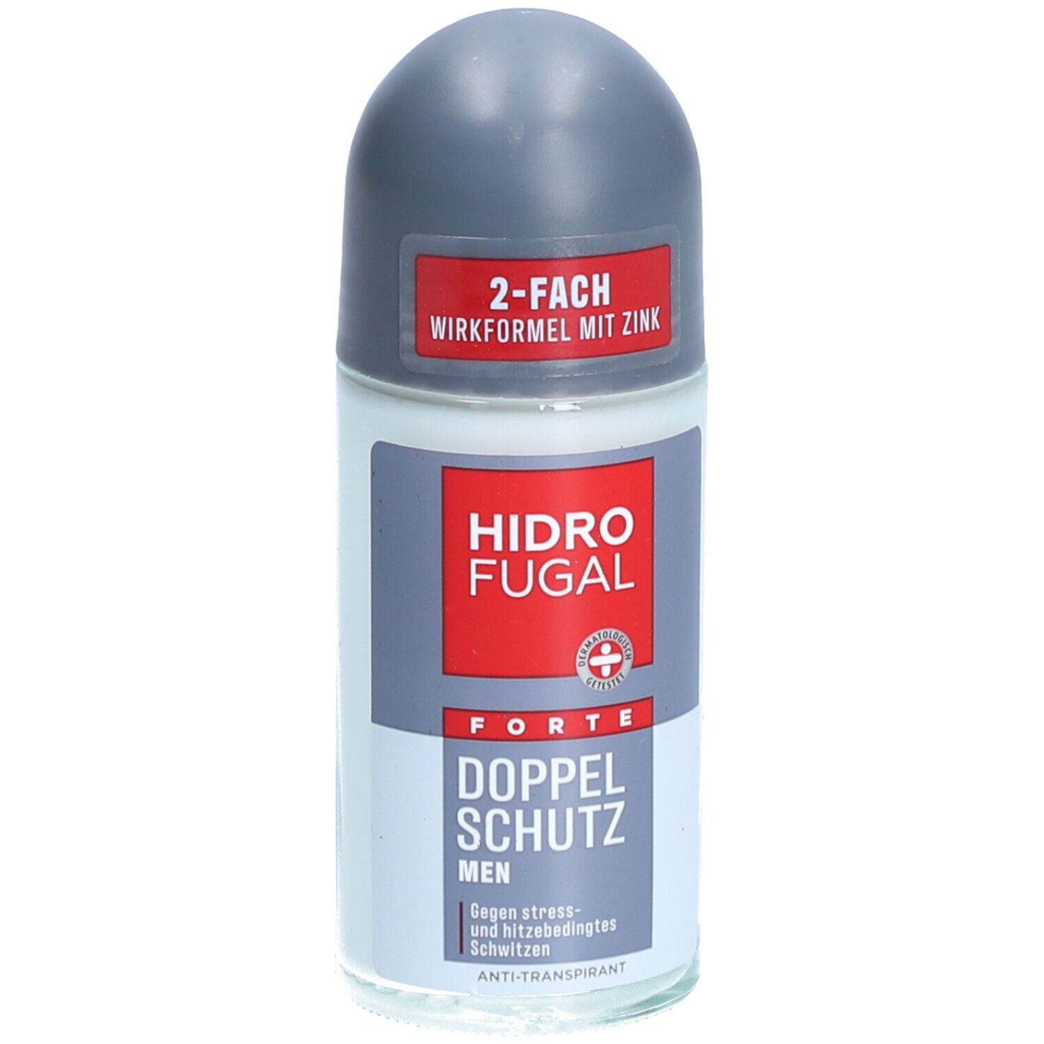 Roll-on-Deodorant mit grauem Deckel. Aufschrift: Hidrofugal Forte Doppelschutz Men. 2-fach Wirkformel mit Zink.
