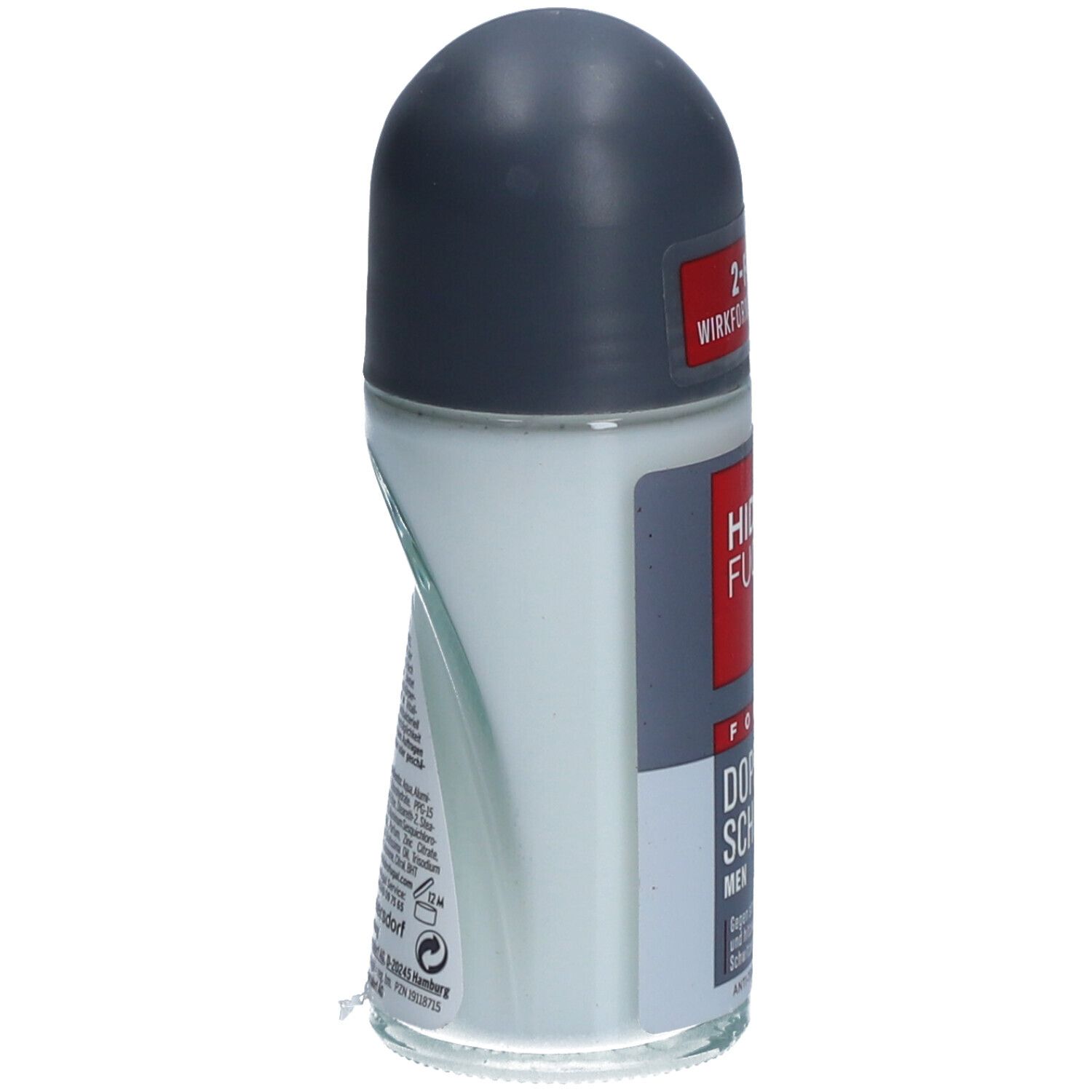 Roll-on-Deodorant mit grauem Deckel. Aufschrift: Hidrofugal Forte Doppelschutz Men. Seitenansicht.