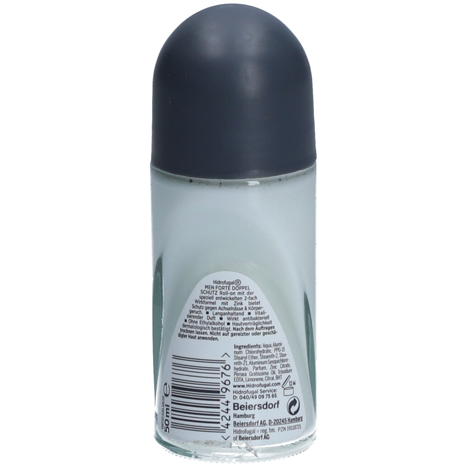 Roll-on-Deodorant mit grauem Deckel. Rückansicht mit Produktinformationen und Barcode.