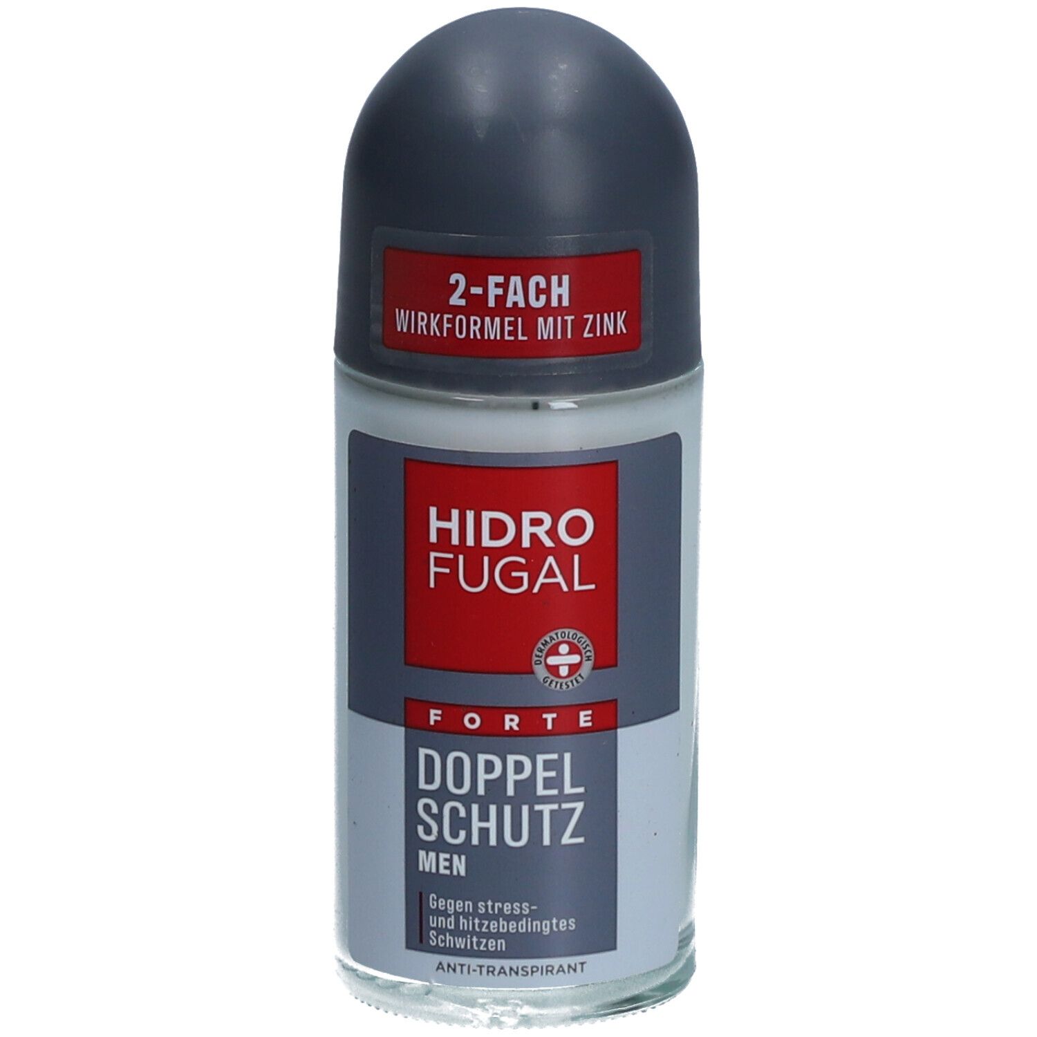 Roll-on-Deodorant mit grauem Deckel. Aufschrift: Hidrofugal Forte Doppelschutz Men. 2-fach Wirkformel mit Zink.