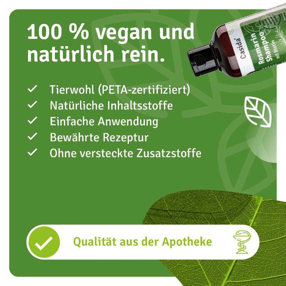 Rosmarin Shampoo: 100% vegan und natürlich rein. Text: Tierwohl, natürliche Inhaltsstoffe, einfache Anwendung, bewährte Rezeptur. Check-Symbole.