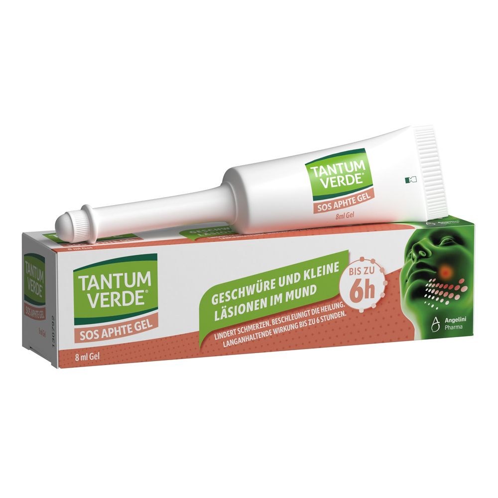 Weiße Tube mit grünem Aufdruck Tantum Verde SOS Aphte Gel. Inkl. Karton mit Produktinformationen.