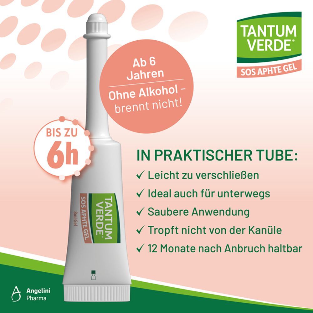 Weiße Tube Tantum Verde SOS Aphte Gel. Text: Ab 6 Jahren, ohne Alkohol. In praktischer Tube.