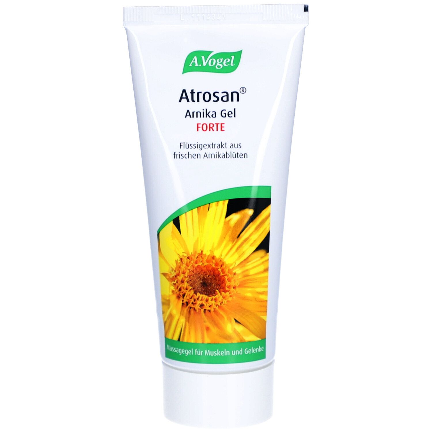 Weisse Tube mit grünem Logo und gelber Blüte. Text: Atrosan® Arnika Gel FORTE. Massagegel für Muskeln und Gelenke.