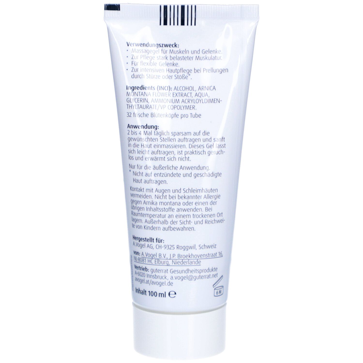 Rückseite der Tube. Text: Verwendungszweck, Inhaltsstoffe, Anwendung, Hinweise. 100 ml.