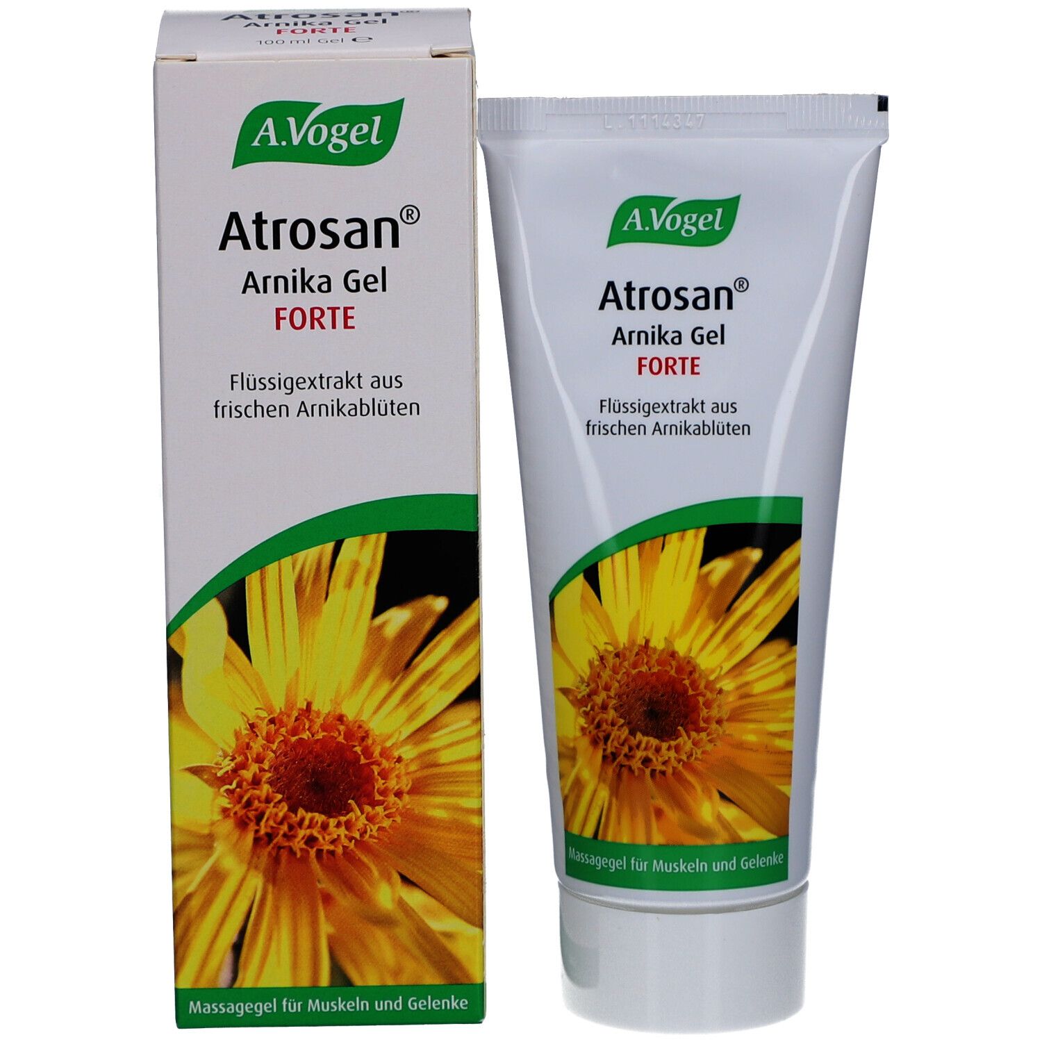 Produktverpackung mit Tube und Schachtel. Beide mit Logo, gelber Blüte und Text: Atrosan® Arnika Gel FORTE.