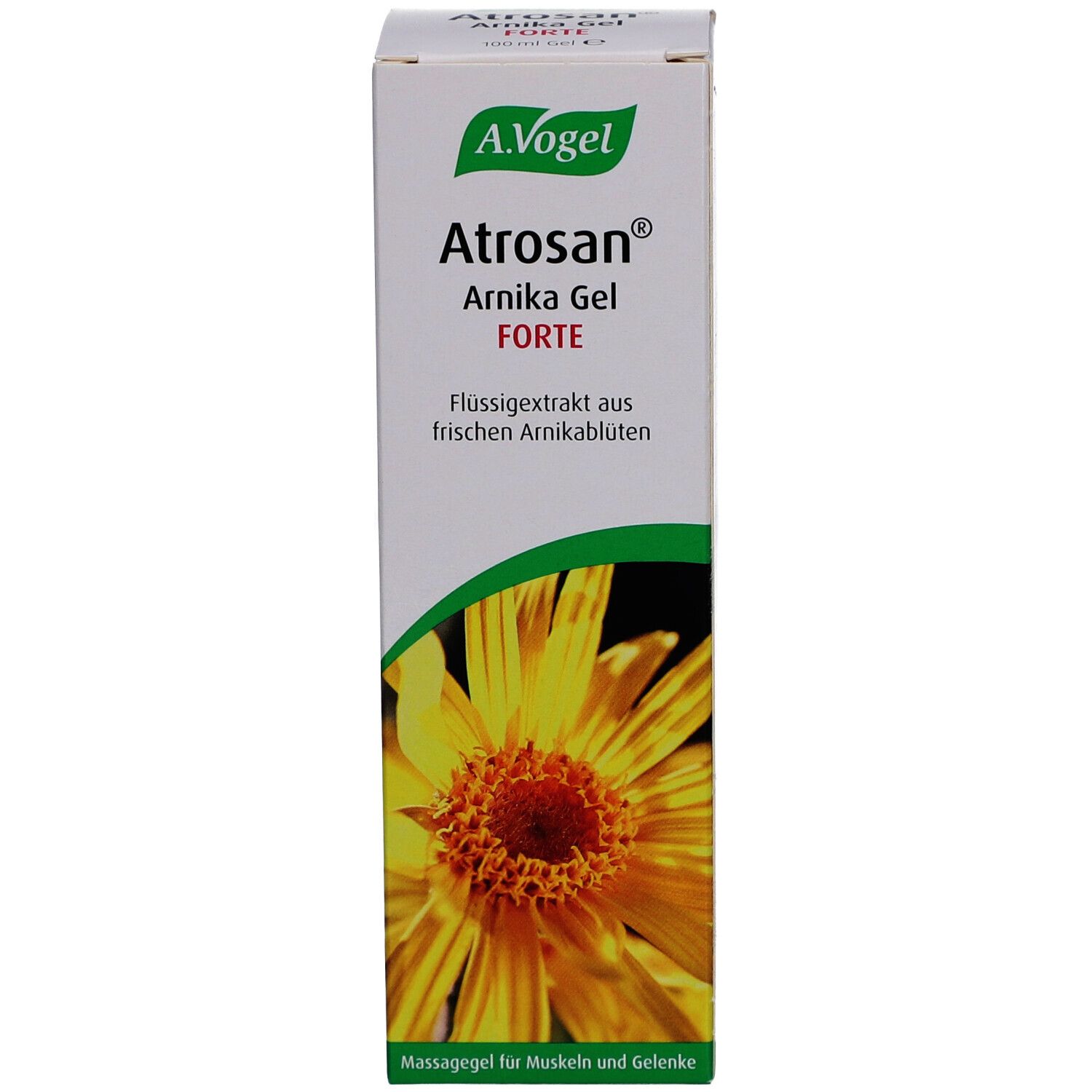 Schachtel mit Logo, gelber Blüte und Text: Atrosan® Arnika Gel FORTE. Massagegel für Muskeln und Gelenke.
