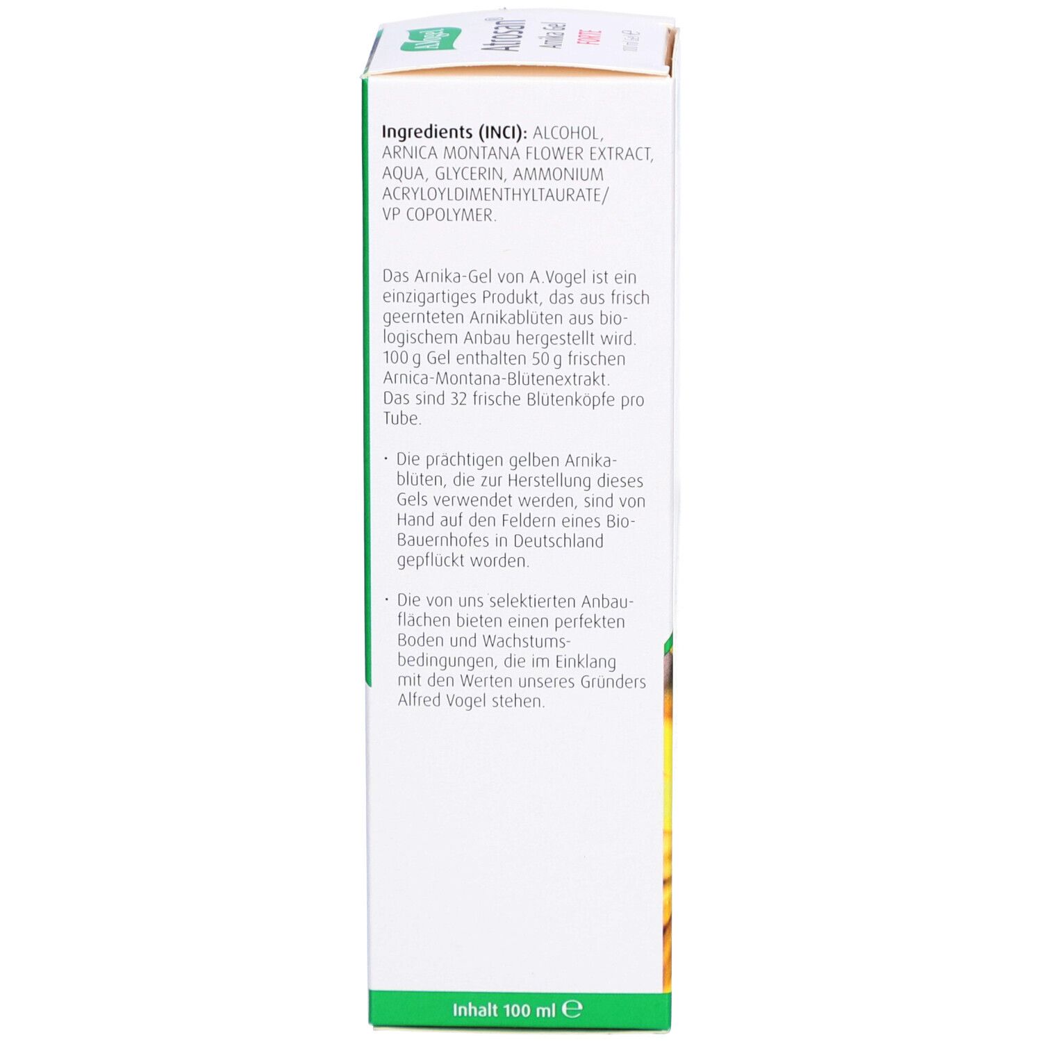 Schachtel. Text: Inhaltsstoffe, Informationen zum Produkt, 100 g enthalten 50 g frische Arnika-Blüten.