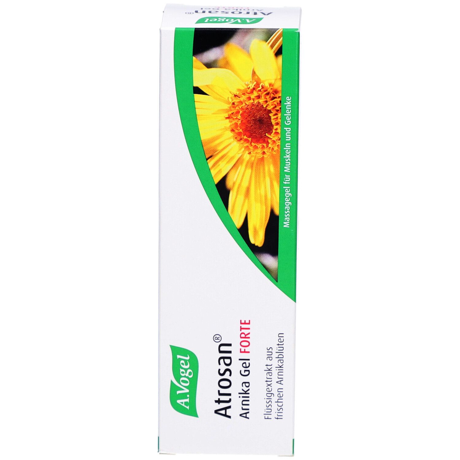 Schachtel. Logo, gelbe Blüte und Text: Atrosan® Arnika Gel FORTE. Flüssigextrakt aus frischen Arnikablüten.