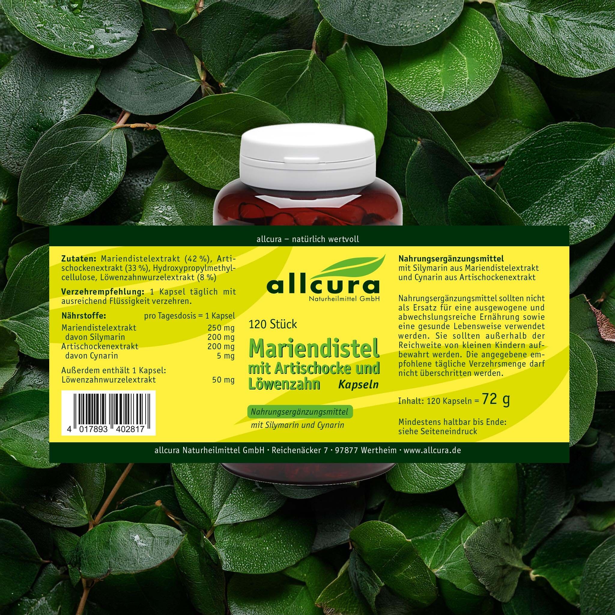 Braune Flasche mit gelbem Etikett. Aufschrift: allcura Mariendistel mit Artischocke und Löwenzahn. Zutatenliste und Nährwerte.