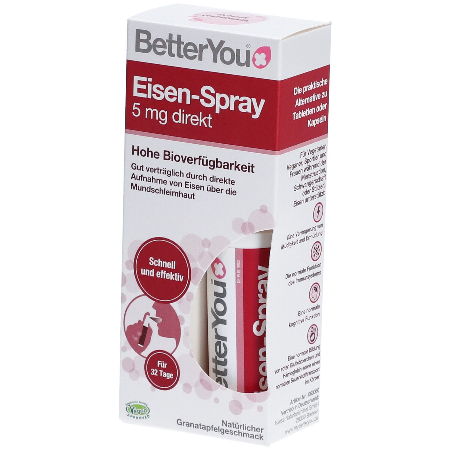 BetterYou® Eisen-Spray in einer weißen Schachtel. Rote Schrift: Eisen-Spray 5 mg direkt. Enthält 32 Tagesportionen. Granatapfelgeschmack.