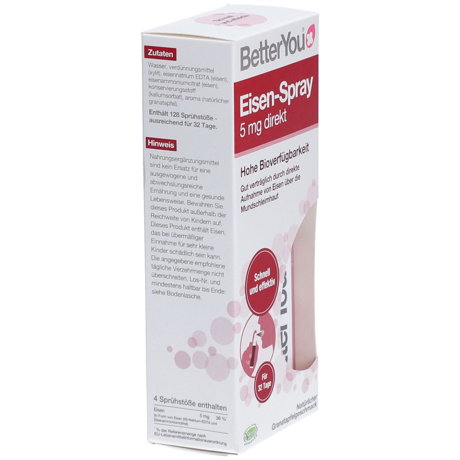 Weiße Schachtel BetterYou® Eisen-Spray. Rote Schrift: Eisen-Spray 5 mg direkt. Enthält 128 Sprühstöße. Für 32 Tage. Inhaltsstoffe.