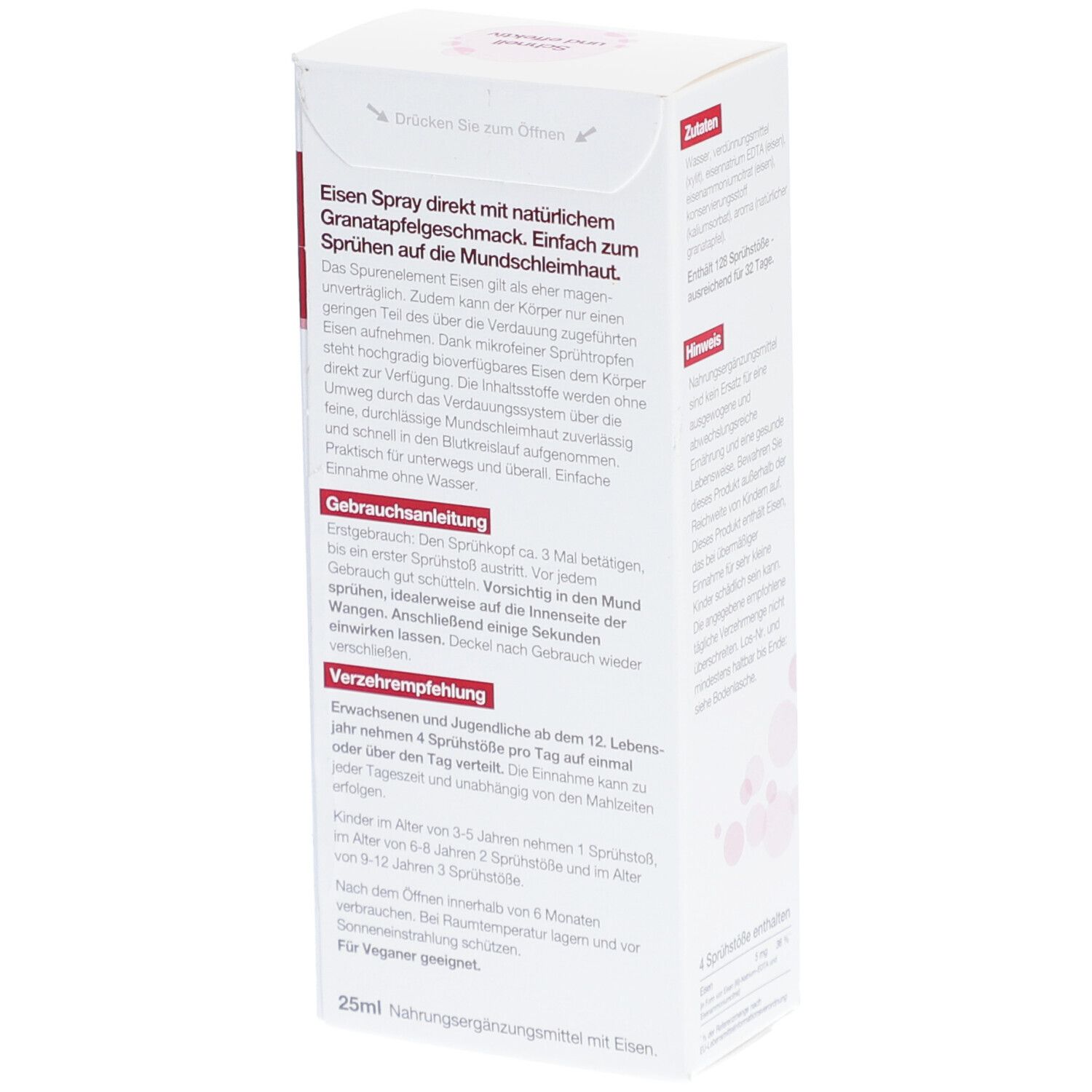 Rückseite der BetterYou® Eisen-Spray-Verpackung. Gebrauchsanweisung und Verzehrempfehlungen. 25 ml Nahrungsergänzungsmittel mit Eisen.