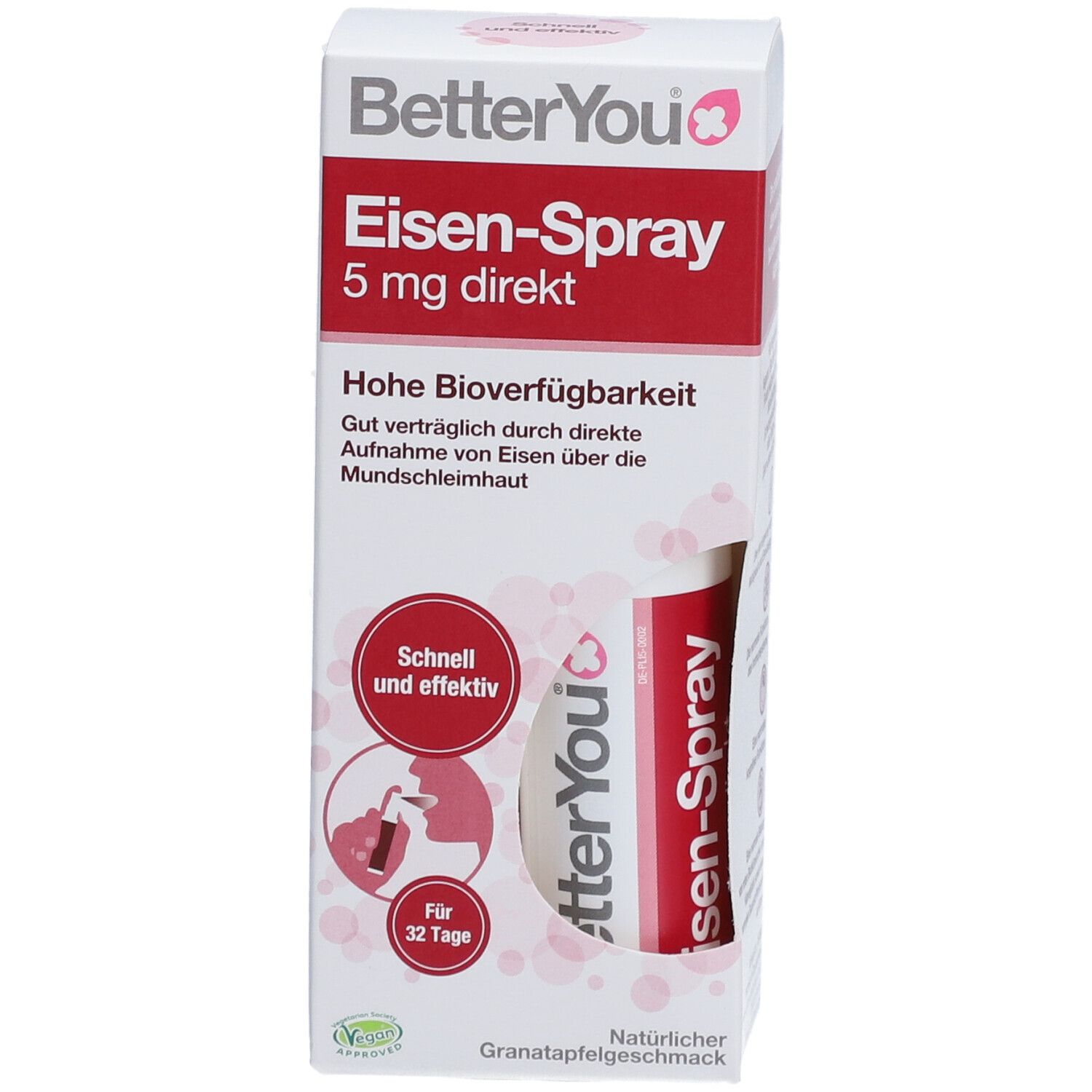 BetterYou® Eisen-Spray in einer weißen Schachtel. Rote Schrift: Eisen-Spray 5 mg direkt. Enthält 32 Tagesportionen. Granatapfelgeschmack.