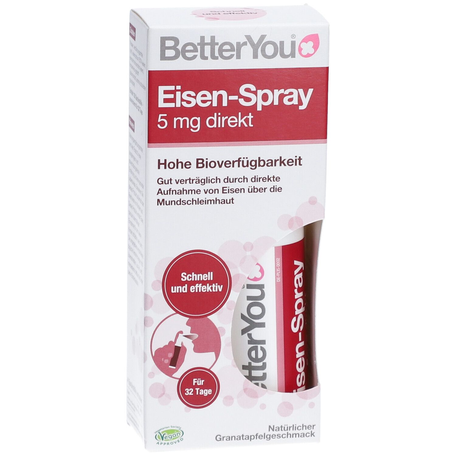 BetterYou® Eisen-Spray in einer weißen Schachtel. Rote Schrift: Eisen-Spray 5 mg direkt. Enthält 32 Tagesportionen. Granatapfelgeschmack.
