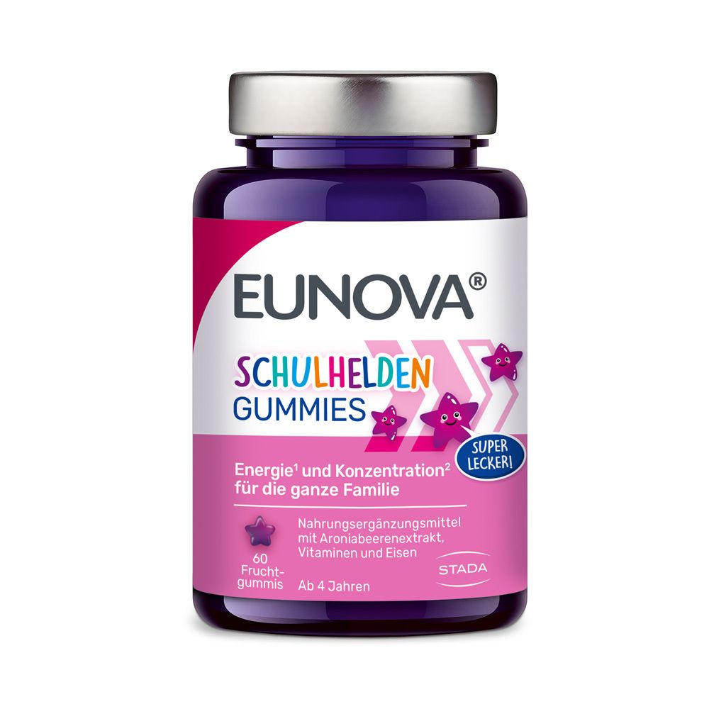 Lila Flasche EUNOVA® Schulhelden Gummies mit Eisen und Erdbeergeschmack. 60 Fruchtgummis. Ab 4 Jahren.
