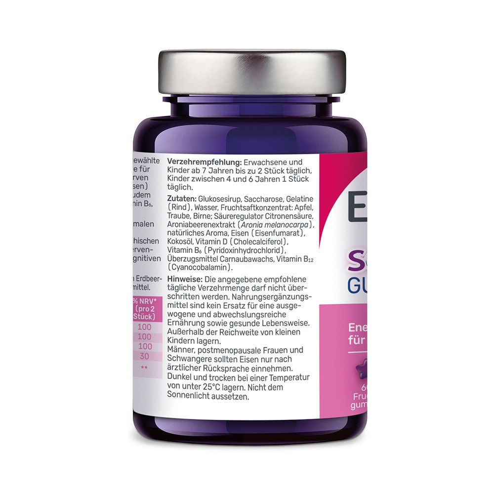 Rückseite der EUNOVA® Schulhelden Gummies Flasche. Zutatenliste, Verzehrempfehlung und Hinweise.