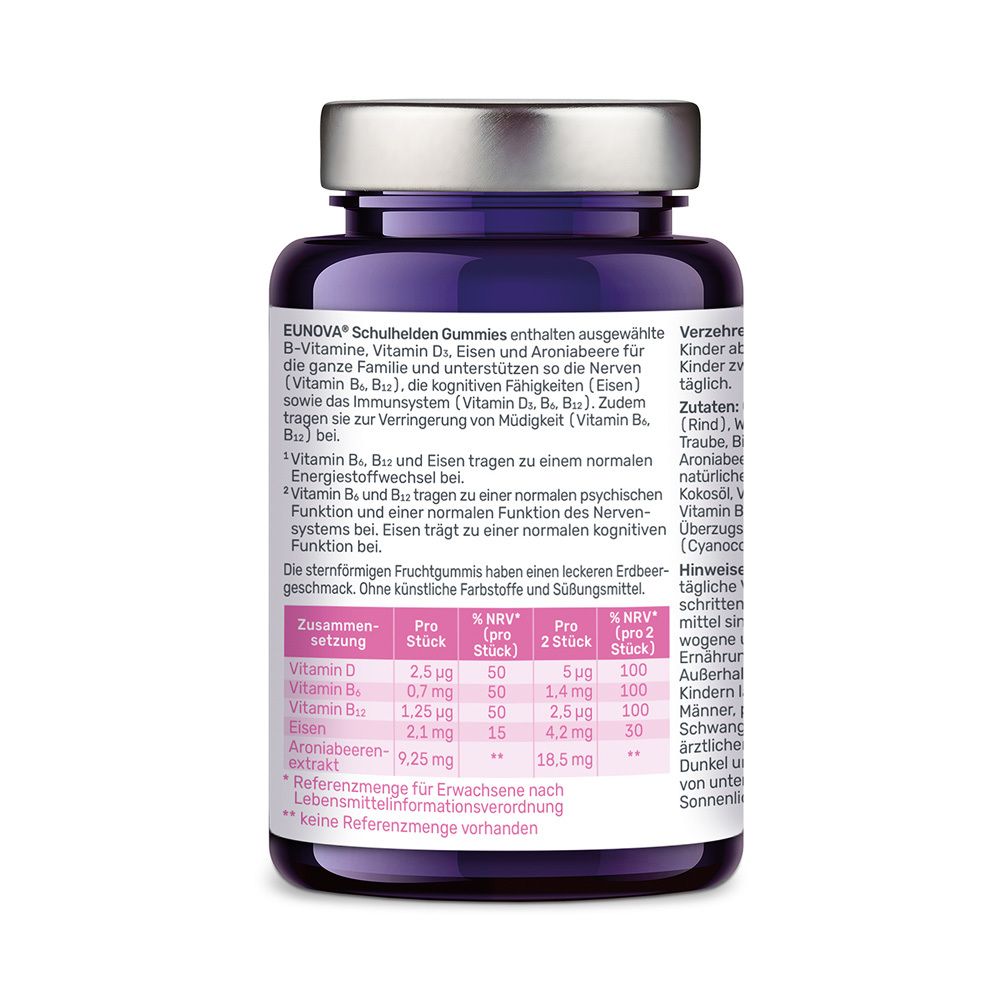 Rückseite der EUNOVA® Schulhelden Gummies Flasche. Nährwertangaben und weitere Informationen.