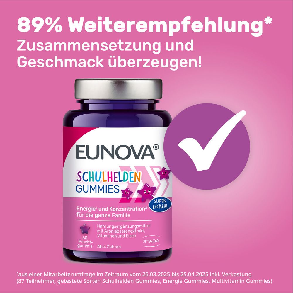 EUNOVA® Schulhelden Gummies Flasche mit Check-Symbol. 89% Weiterempfehlung. Zusammensetzung überzeugt!