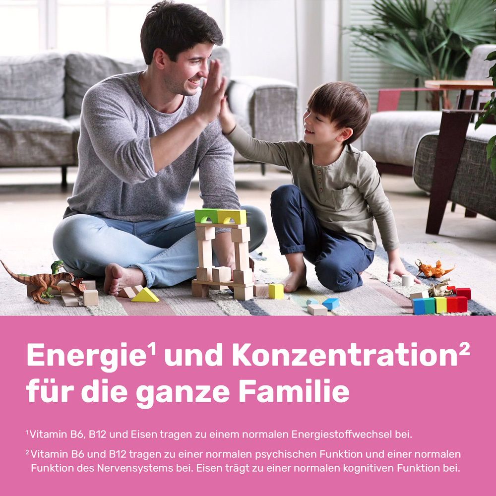 Mann und Kind geben sich High Five. Text: Energie und Konzentration für die ganze Familie.