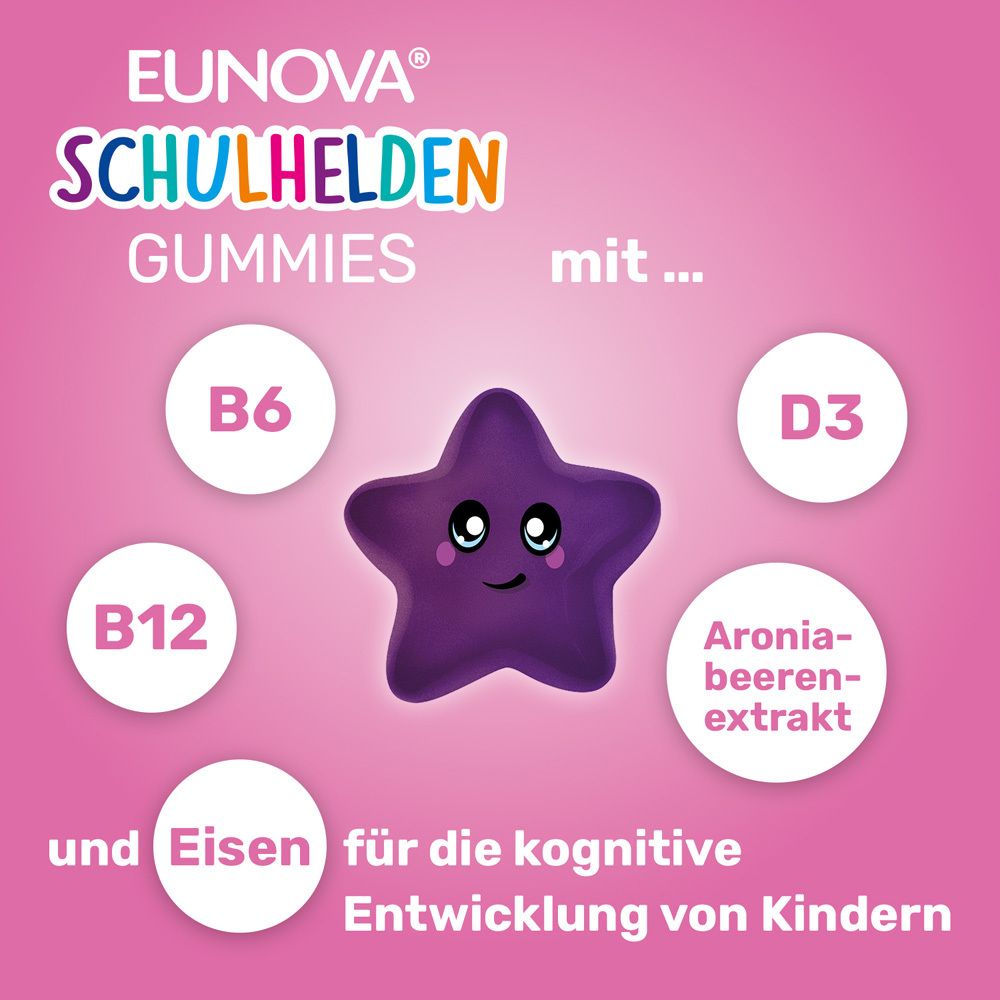 EUNOVA® Schulhelden Gummies mit Stern-Illustrationen. B6, B12, D3 und Aroniaextrakt für Kinder.