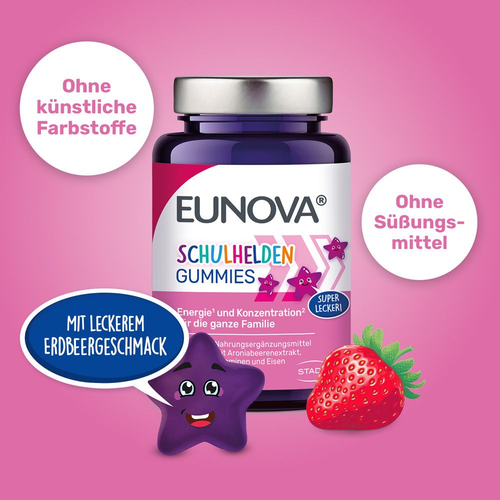 EUNOVA® Schulhelden Gummies Flasche mit Erdbeere und Stern. Ohne künstliche Farbstoffe und Süßungsmittel.