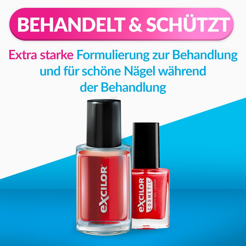 Zwei Flaschen Nagellack. Eine rot, eine transparent. Text: Behandelt & schützt. Extra starke Formulierung.